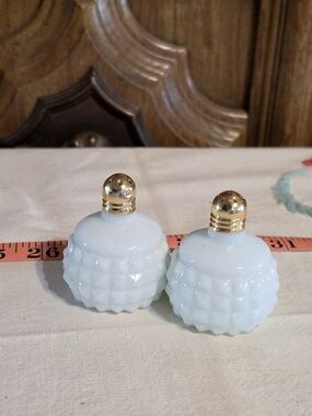 Indiana Glass Milk White Hobnail Salt and Pepper Shakers with Gold Tops